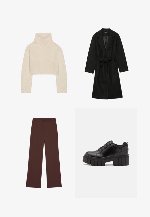 Even&Odd BELTED COAT - Klassinen takki - black; Kermanvärinen lyhythihainen neulepaita, jossa on korkea kaulus, teksturoitu neulepinta ja herringbone-kuvioiset hihat. Valmistettu pehmeästä lankamateriaalista.; Housut, joissa on leveät lahkeet, valmistettu rikkaasta ruskeasta kankaasta. Ominaisuuksiin kuuluu nappisulku, kaksi etutaskua, sileä pinta ja siistit linjat.; Mustat nahkakengät, joissa on lättihenkinen korko, pyöreä kärki ja perinteinen nauhakiinnitys. Ominaisuuksiin kuuluu sileä pintakuvio ja minimaalinen yksityiskohtaisuus.