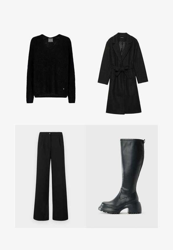 Even&Odd BELTED COAT - Klasikinis paltas - black; Juodas, megztinis su V formos iškirpte ir ilgomis rankovėmis. Turi laisvą siluetą ir mažą metalinį logotipą apatinėje kairėje pusėje.; Juodi aukšto liemens platūs kelnių su priekiniais saga ir užtrauktuku, su subtiliomis klostėmis po juosmeniu.; Ilgas juodos odinės batai su masyvi platforma ir stačiakampiu kulnu, turintys traukimo kilpą ir tekstūruotą pado raštą.