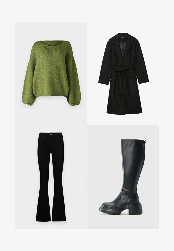 Even&Odd BELTED COAT - Klassisk kåpe / frakk - black; JDY JDYDINEA L/S REVERSIBLE - Strikkegenser - fern; Sorte høytlivsjeans med knapp og glidelås, frontlommer og utsvingte bein liggende flatt på en hvit bakgrunn.; Høy svart lærstøvel med chunky plattformsåle og blokkhelt, med trekkstang og teksturert mønster på yttersålen.