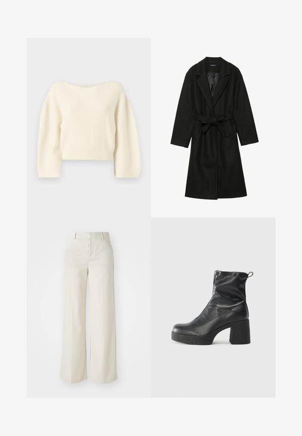 Even&Odd BELTED COAT - Klasszikus kabát - black; Krém színű bordázott kötött cropped pulóver széles nyakkal és hosszú ujjal. Sima textúra, illeszkedő szegéllyel.; Világos bézs színű, széles lábú nadrág, sima anyagból készült. Klasszikus derékrésszel és lapos elülső résszel, letisztult vonalakkal rendelkezik.; Fekete bokacsizmák sima bőrből, oldalsó cipzárral, vastag, texturált sarkú és lekerekített orrú dizájnnal.