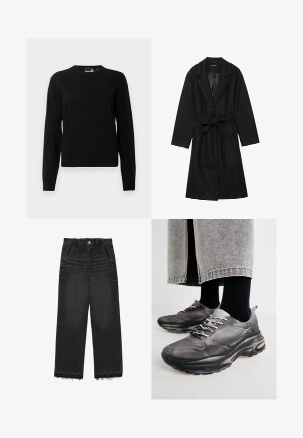 Even&Odd BELTED COAT - Klassisk kåpe / frakk - black; Svart strikket genser med rund hals, lange ermer og en liten logo på brystet. Myk tekstur og klassisk passform.; Svart denimbukser med rett ben-design. Har høy midje, frynset kant og subtil falmet tekstur over hele produktet. Inkluderer frontlommer.; Sorte og grå treningssko har en mesh-overdel, tykke såler og snøring. De har en rund tå og synlige dempe detaljer.