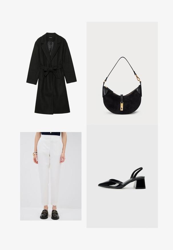 Even&Odd BELTED COAT - Klassinen takki - black; Valkoinen nappikauluspaita pitkillä hihoilla, klassinen kaulus ja pieni sininen logo hihassa. Silkkinen puuvillakangas, muotoiltu istuvuus.; Valkoiset räätälöidyt housut, joissa on korkea vyötärö, suora lahjemuoto ja sileä pinta. Yhdistetty mustiin loafereihin, joissa on kultaiset yksityiskohdat.; Mustat patentoitu nahkakengät, joissa on säären takaosa ja terävä kärki, sekä geometrinen palikkakorko. Sisältää tyylikkään, minimalistisen muotoilun ja sileän pinnan.; Mustat käsilaukku, jossa on kaareva muoto, valmistettu mokasta ja nahasta, ja jossa on kullansävyinen vetoketju sekä logodetalji. Sisältää lyhyen kahvan.
