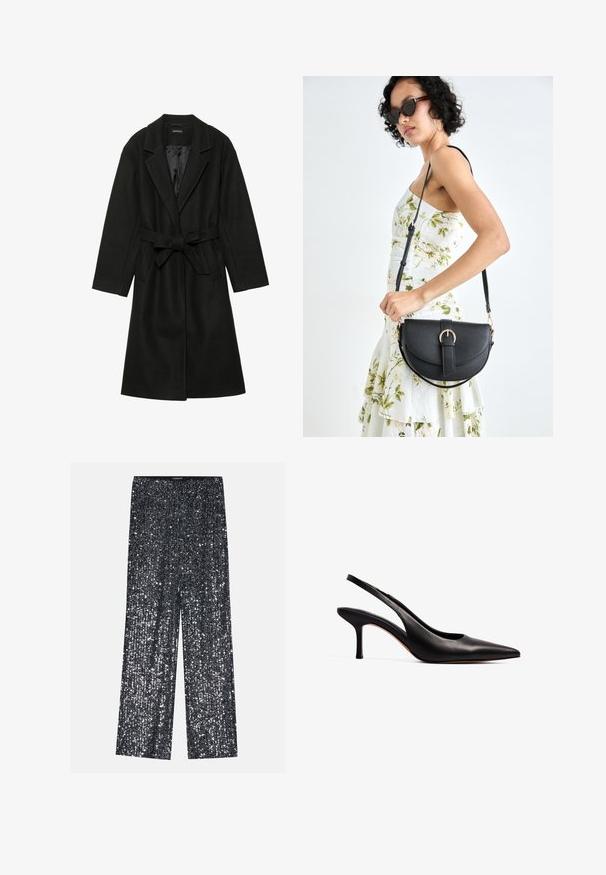 Even&Odd BELTED COAT - Klasický kabát - black; Čierna košeľa s dlhým rukávom vyrobená z hladkej látky, s špicatým golierom, predným zapínaním na gombíky a skráteným lemom so bočnými rozparkami.; Čierne palazzo nohavice so širokým strihom a elastickým pásom, s lesklým, textúrovaným povrchom, ktorý odráža svetlo.; NA-KD Klasické lodičky na opätku - black; Čierna kožená kabelka s zaobleným tvarom, odnímateľným popruhom a zlatými doplnkami. Kabelka má klopu s detailom s prackou.