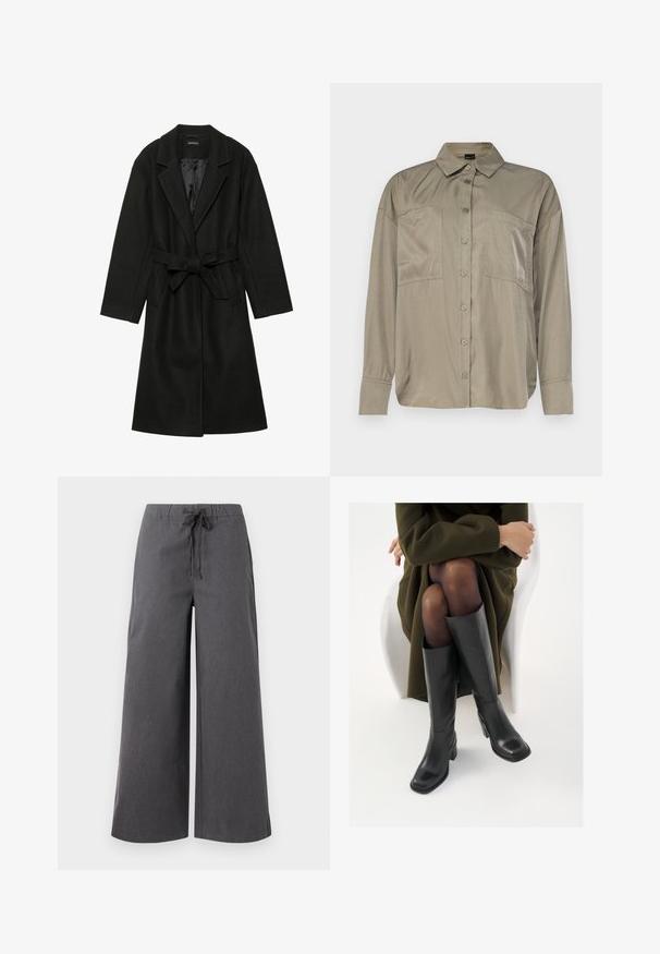 Even&Odd BELTED COAT - Klasičan kaput - black; Maslinasto zelena, košulja dugih rukava od glatkog, laganog materijala. Ima prednje dugmad, iskošeni ovratnik i dva džepa na grudima.; Široke tamnosive hlače izrađene od mekanog materijala, s elastičnim pojasom i vezicom, te minimalnim detaljima šivanja.; Čizme od crne kože do koljena sa četvrtastim vrhom i blok petom, prikazane s manekenkom koja sjedi u maslinasto zelenom kaputu. Glatka tekstura, minimalni detalji.