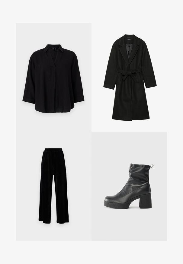 Even&Odd BELTED COAT - Klasszikus kabát - black; Fekete vászon blúz, galléros nyakkal, ¾-es ujjakkal és elülső redőzéssel. Puha textúra és laza szabás.; Fekete, széles szárú nadrág puha velúrból, rugalmas derékkal és sima textúrával, látható díszítés vagy mintázat nélkül.; Fekete bokacsizmák sima bőrből, oldalsó cipzárral, vastag, texturált sarkú és lekerekített orrú dizájnnal.