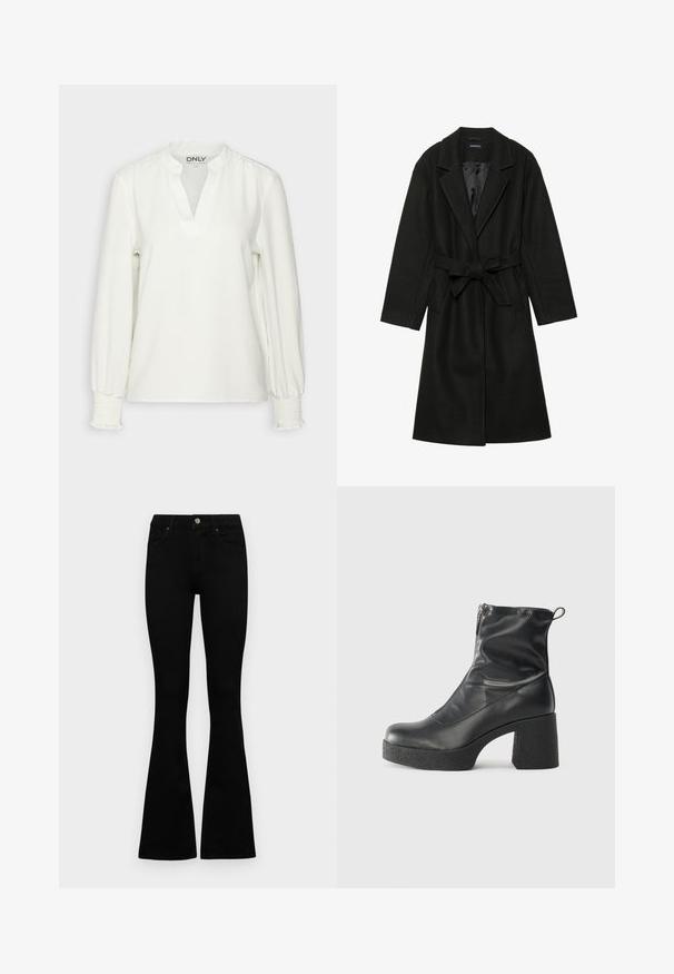 Even&Odd BELTED COAT - Klassinen takki - black; Valkoinen pitkähihainen paita, jossa on V-pääntie ja rypytettyjen hihansuiden yksityiskohta. Valmistettu pehmeästä kankaasta, joka on rento istuvuudeltaan ja siinä on hienovarainen tekstuuri. Brändilogo näkyvissä.; Mustat korkeavyötäröiset farkut nappi- ja vetskariyläosalla, etutaskuilla ja levenevillä lahkeilla, asetettuna tasaisesti valkoista taustaa vasten.; Mustat nilkkurit, jotka on valmistettu sileästä nahasta. Niissä on sivuvetoketju, paksu teksturoitu korko ja pyöristetty kärki.