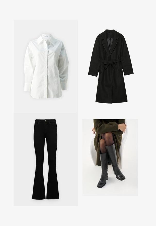 Even&Odd BELTED COAT - Klasszikus kabát - black; Fehér, hosszú ujjú, pamut ing, hegyes gallérral, gombos elejével, laza fazonnal és struktúrált vállakkal.; Fekete, magas derekú farmernadrág gomb- és cipzárzárral, elülső zsebekkel és harangszárral, laposan egy fehér háttérre terítve.; Térdfelett érő fekete bőr csizmák négyzet alakú orral és tömbtalppal, olajzöld kabátban ülő modellel bemutatva. Simaság, minimalista részletezés.