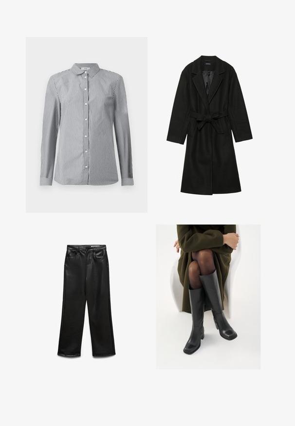 Even&Odd BELTED COAT - Klassisk frakke - black; Stribet button-up skjorte i sort og hvid bomuldsstof. Har en klassisk krave og lange ærmer med knapmanchetter.; Sorte bukser i bred benvidde lavet af kunstlæder med frontlommer, bæltestropper og en diskret glans. Glat tekstur og skræddersyet pasform.; Knæhøje sorte læder støvler med firkantet tå og blokhæl, vist med en model siddende i en olivengrøn frakke. Glat tekstur, minimal detaljer.