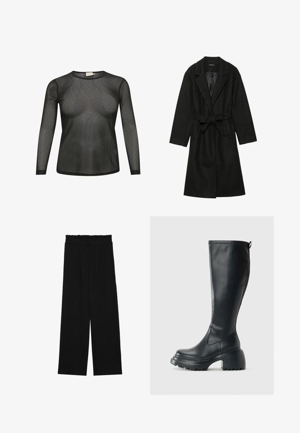 Even&Odd BELTED COAT - Klassischer Mantel - black; Schwarzes Langarmoberteil aus durchsichtigem Stoff mit einem Punktmuster. Hat einen runden Ausschnitt und eine enganliegende Silhouette.; Schwarze weit geschnittene Hose mit einem gerüschten Bund, ausgestattet mit zwei Seitentaschen und einem glatten, leichten Stoff. Keine sichtbaren Muster oder Beschläge.; Hoher schwarzer Lederstiefel mit einer robusten Plateausohle und Blockabsatz, der über eine Zuglasche und ein strukturiertes Profil an der Außensohle verfügt.