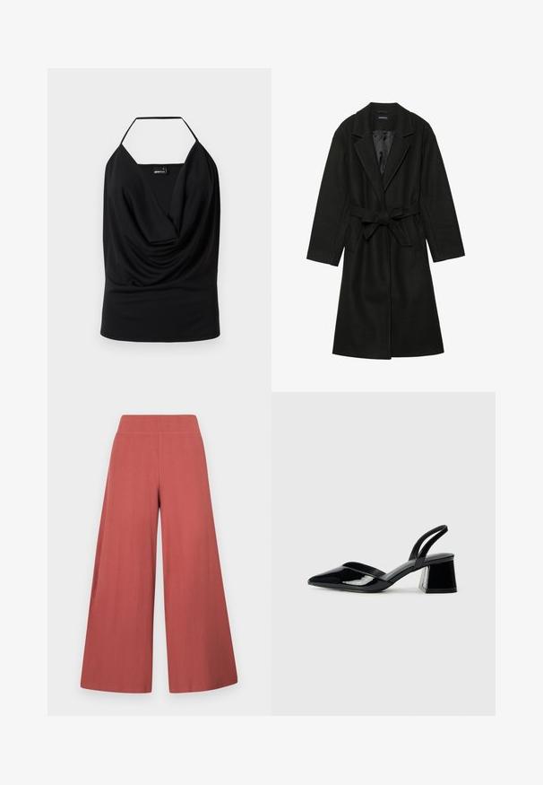 Even&Odd BELTED COAT - Klasični plašč - black; Črn top brez rokavov s drapirano ovratnikom, izdelan iz gladkega materiala, z odprtim hrbtom in brez vidnih kovinskih delov ali dodatkov.; Hlače širokih hlačnic v rjavi barvi, narejene iz teksturirane tkanine z navpičnim rebrastim vzorcem. Imajo visok elastičen pas.; Črne lakirane slingback pete s koničastim nosom in geometrijsko blokasto peto. Imajo eleganten, minimalističen dizajn in gladko teksturo.