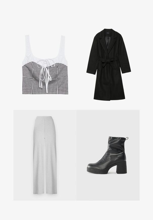 Even&Odd BELTED COAT - Palton clasic - black; Top scurt în carouri alb-negru cu o parte superioară texturată albă, decolteu pătrat și un sistem de reglare printr-o fundă la centru. Dispune de bretele late.; Pantaloni largi drepți gri deschis, cu un talie înaltă și o deschidere frontală. Fabricat dintr-un material moale cu o textură fină.; Bocanci negri de glezna din piele netedă, cu fermoar lateral, toc texturat și masiv, și design cu vârf rotund.