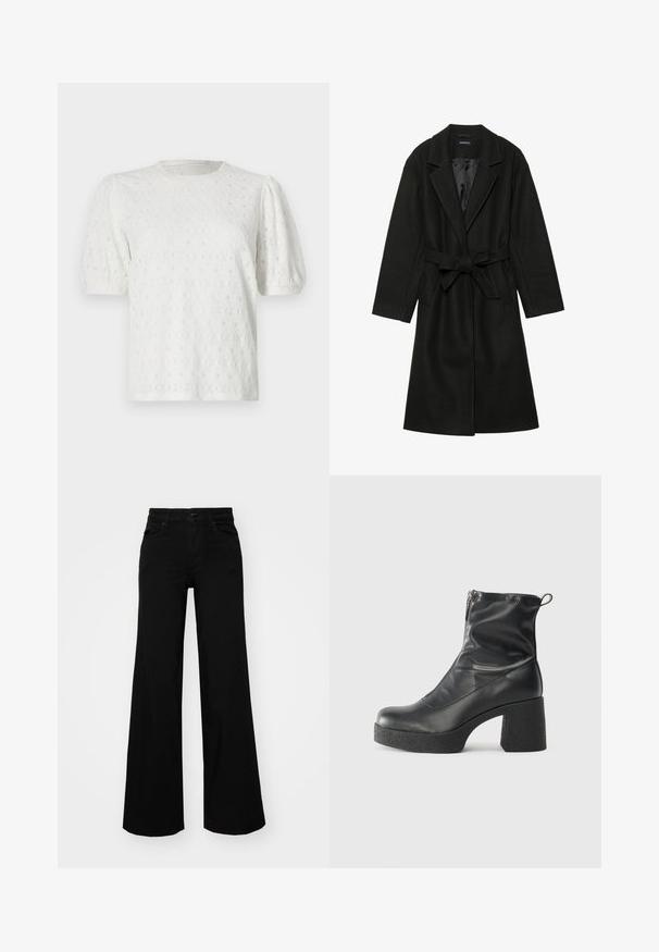 Even&Odd BELTED COAT - Klassisk kåpe / frakk - black; Hvit kortermet topp med puffermer, texturert blomstermønster og rund hals. Laget av lett stoff.; Svart vide bukser laget av denim, med en strukturert midjebånd, beltestropper og frontlommer. Glatt tekstur med et klassisk design.; Svarte ankelstøvler laget av glatt lær, med glidelås på siden, chunky strukturert hæl, og rund tå-design.