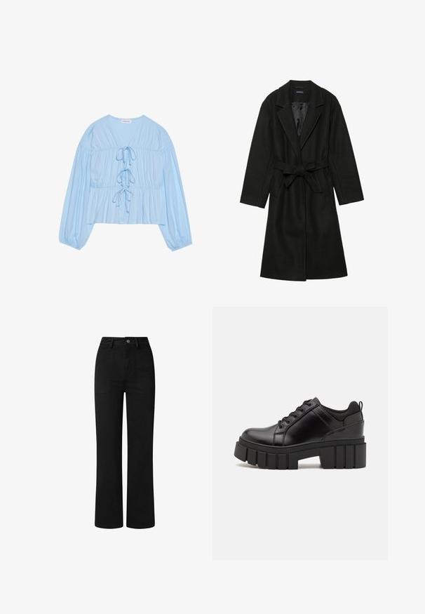 Even&Odd BELTED COAT - Klassisk kåpe / frakk - black; Lyseblå langermet bluse laget av mykt stoff, med V-hals, snøring og rynket midje for en avslappet passform.; Sorte, høy midje bukser med rett ben-design, laget av glatt bomullsstoff. Har frontlommer og en enkel metalldeksel.; Svarte lærplattformsko med kraftig blokkhell, rund tå og tradisjonell snøring. Har en jevn tekstur og minimal detaljering.