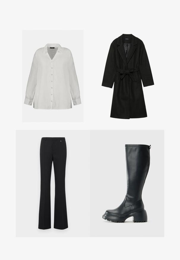 Even&Odd BELTED COAT - Cappotto classico - black; Camicetta bianca in lino con bottoni, caratterizzata da una scollatura a V, maniche lunghe e una vestibilità rilassata con spacchi laterali. Tessuto soffice e design classico.; Pantaloni neri a zampa d'elefante realizzati in tessuto morbido. Vita media con passanti per cintura, parte anteriore liscia e un piccolo dettaglio dorato vicino alla vita.; Stivale lungo in pelle nera con suola piatta robusta e tacco a blocco, dotato di linguetta e battistrada testurizzato sulla suola.