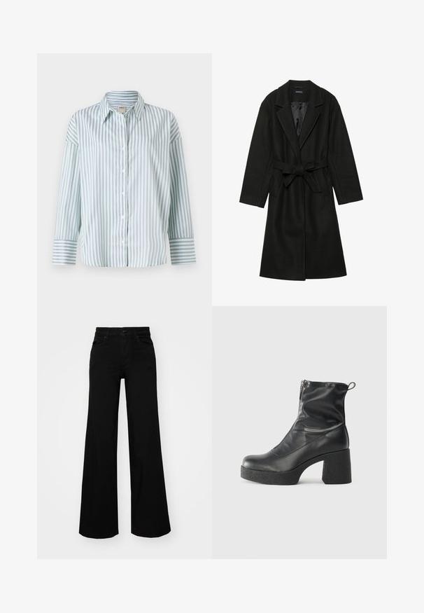 Even&Odd BELTED COAT - Palton clasic - black; Cămașă cu dungi albastre deschise și albe, cu nasturi, cu mânecă lungă, având un guler clasic și mansete cu dungi contrastante. Textură de țesătură netedă.; Pantaloni negri cu picioare largi, din denim, cu un brau structurat, bucle pentru curea și buzunare frontale. Textură netedă, cu un design clasic.; Bocanci negri de glezna din piele netedă, cu fermoar lateral, toc texturat și masiv, și design cu vârf rotund.