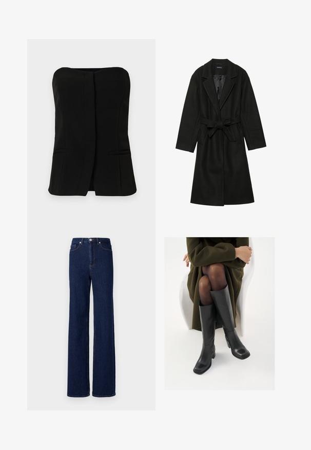 Even&Odd BELTED COAT - Klassischer Mantel - black; Schwarzes, ärmelloses Oberteil mit geradem Ausschnitt, Vorderblende und zwei versteckten Seitentaschen. Glattes Gewebe mit tailliertem Design.; Dunkelblaue Denim-Jeans mit hoher Taille, weitem Bein und klassischem Fünf-Taschen-Design. Abgerundet mit kontrastierenden Nähten und einem Metallknopf.; Knöchelhöhe schwarze Lederstiefel mit quadrater Spitze und Blockabsatz, gezeigt mit einem Modell, das einen olivgrünen Mantel trägt. Glatte Textur, minimale Details.