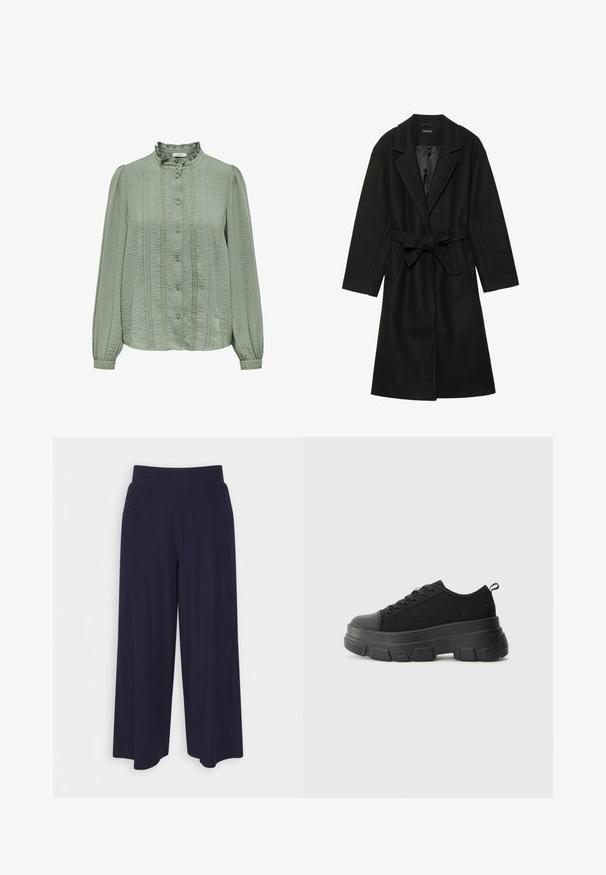 Even&Odd BELTED COAT - Klassikaline mantel - black; Heled rohelise varrukateta pluus, tekstuurne kangas, volditud esiosa, rippuv krae ja dekoratiivsed nupukesed keskel.; Tumed põlvpüksid tumedast meresinisest kangast, millel on sooneline tekstuur. Omab sujuvat vööd ja voolavat siluetti, ulatudes pooleni säärest.; Mustad mustad mustikad, millel on tugev kummist põhi, tekstuuriga kangast pealis, ümar varvas ja seotud disain. Omab tugevdatud silmuseid ja tagumist tõmbeotsta.