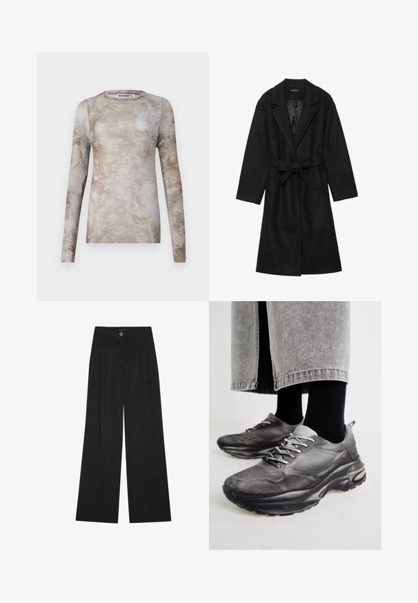 Even&Odd BELTED COAT - Klasický kabát - black; Dlouhý rukáv top v kombinaci béžové a taupe s mramorovou texturou, kulatým výstřihem a přiléhavým designem, s etiketou "WEEKDAY" uvnitř.; Černé široké kalhoty s puky, vybavené zapínáním na knoflík a dvěma bočnými kapsami; hladký materiál s módním střihem.; Černé a šedé sportovní boty mají síťovaný svršek, silné podrážky a šněrování. Mají zaoblenou špičku a viditelné polstrování.