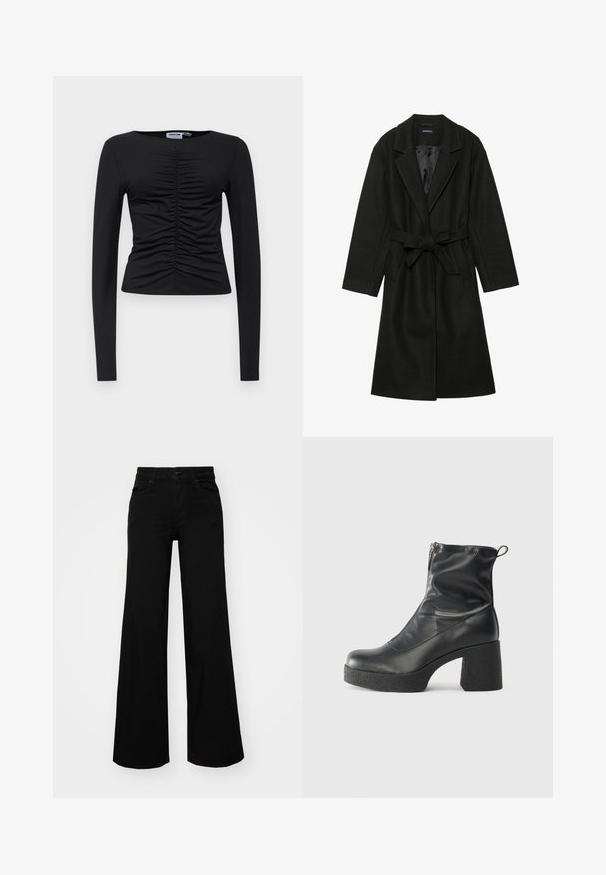 Even&Odd BELTED COAT - Klasszikus kabát - black; Fekete, hosszú ujjú felső, rugalmas anyagból készült, melynek elülső részén redőzött kialakítás található, kerek nyakkivágással és testhez simuló fazonnal.; Fekete, bő szárú farmernadrág, amelynek állítható derékrésze van, övhurkokkal és elülső zsebekkel. Simaság jellemzi, klasszikus dizájnnal.; Fekete bokacsizmák sima bőrből, oldalsó cipzárral, vastag, texturált sarkú és lekerekített orrú dizájnnal.