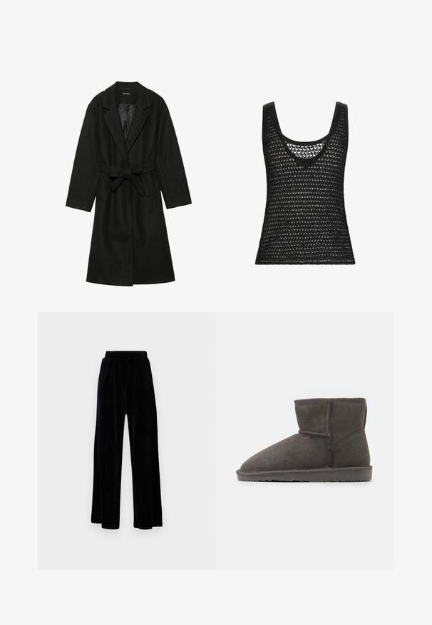 Even&Odd - Klasyczny płaszcz; Czarny bezrękawnik z luźnym, dzianinowym wzorem z otwartym splotem. Dekolt w kształcie litery U i fakturowana tkanina.; Czarne spodnie z szerokimi nogawkami wykonane z miękkiego weluru, z elastycznym pasem i gładką fakturą, bez widocznych detali czy wzorów.; Szare zamszowe botki za kostkę z zaokrąglonym noskiem i miękką wyściółką. Posiadają płaską gumową podeszwę i minimalistyczne detale szycia.