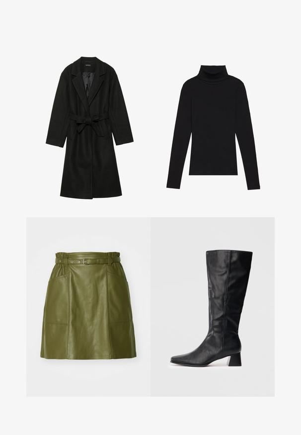 Even&Odd BELTED COAT - Klasisks mētelis - black; Melnā turtlenecka garām piedurknēm augšdaļa, izgatavota no ribotas auduma, ar pieguļošu piegriezumu, augstu kakla izgriezumu un bez rakstiem vai akcentiem.; Olīvu zaļš ādas svārki ar jostu viduklī, ar divām priekšējām kabatām un gludu tekstūru. A-līnijas siluets ar moderno dizainu.; Melnas mid-calf ādas zābakus ar norādītu degunu un blokveida papēdi uz vienkārša gaiša fona.