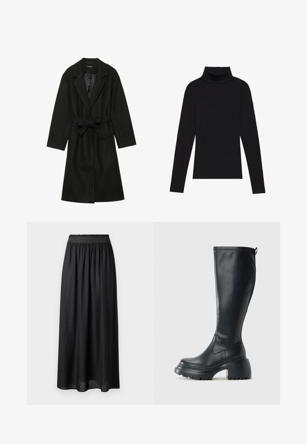 Even&Odd BELTED COAT - Klassisk kåpe / frakk - black; Svart høyhalset langermet topp, laget av ribbestrikket stoff, har en tettsittende design med høy hals og uten mønstre eller dekorasjoner.; Svart midilengde skjørt laget av lett stoff, med elastisk liv og en flytende silhuett med en glatt tekstur.; Høy svart lærstøvel med chunky plattformsåle og blokkhelt, med trekkstang og teksturert mønster på yttersålen.