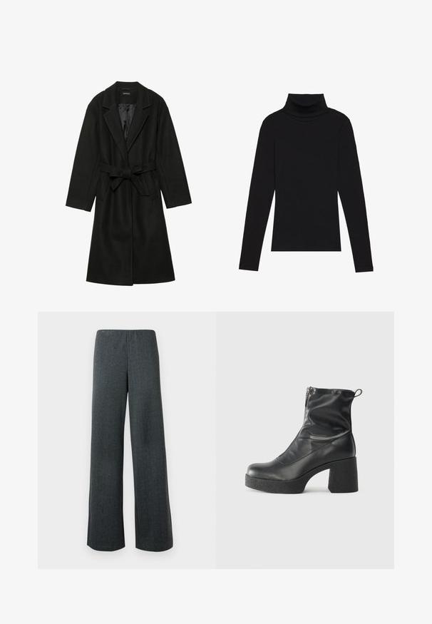 Even&Odd BELTED COAT - Klasický kabát - black; Černý rolák s dlouhým rukávem, vyrobený z žebrované látky, má upnutý střih s vysokým výstřihem a žádné vzory ani akcenty.; Kalhoty s širokými nohavicemi v tmavě šedé tkanině z tweedu. Jsou vybaveny bočními rozparky na lemu a elastickým pasem pro pohodlné nošení.; Černé kotníkové boty vyrobené z hladké kůže, s bočním zipem, robustním strukturovaným podpatkem a kulatou špičkou.