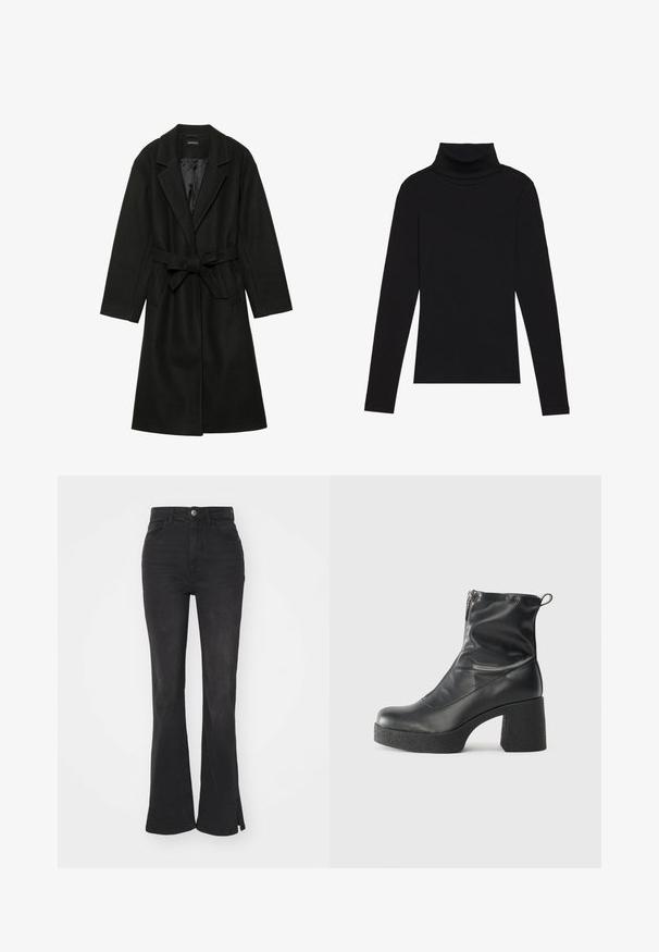 Even&Odd BELTED COAT - Palton clasic - black; Cămășuță neagră cu guler înalt, dintr-un material cu dungi, cu un design aderent, fără modele sau accente.; Jeans negri cu talie înaltă și evazate, cu o talie ajustată, realizate din denim, având închidere cu nasture în față și fante la tiv.; Bocanci negri de glezna din piele netedă, cu fermoar lateral, toc texturat și masiv, și design cu vârf rotund.