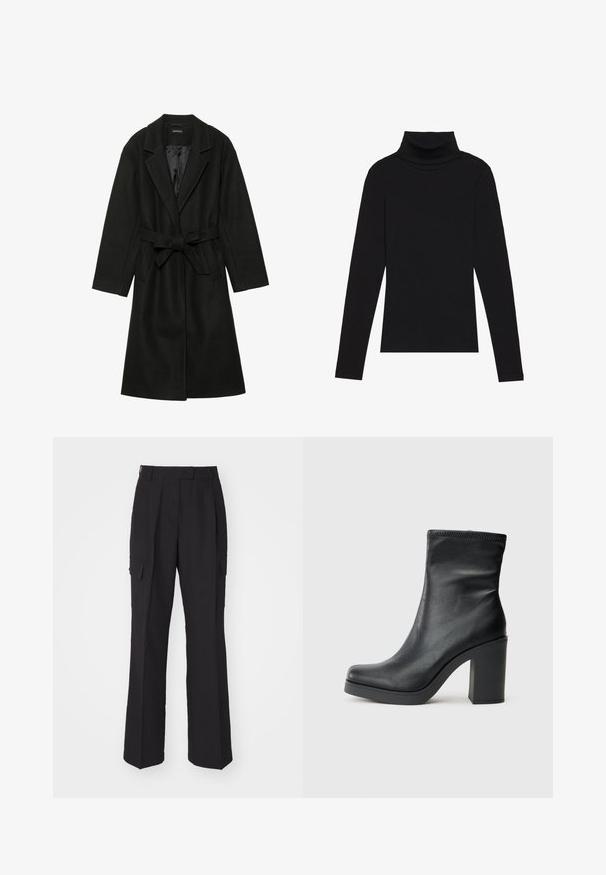 Even&Odd BELTED COAT - Klasičan kaput - black; Crna turtleneck majica dugih rukava, napravljena od rebraste tkanine, ima uski kroj s visokim ovratnikom i bez uzoraka ili dekoracija.; Crne cargo hlače ravnog kroja, izrađene od glatkog materijala. Sadrže dva bočna džepa i jednostavan pojas.; Crne kožne gležnjače s visokim blok petama, glatke teksture, uskog dizajna i sa šivenim detaljima na vrhu.