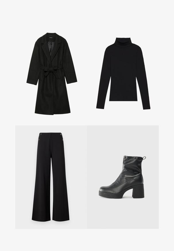 Even&Odd BELTED COAT - Classic coat - black; Black turtleneck long-sleeve top, made of ribbed fabric, features a fitted design with a high neckline and no patterns or accents.; Black wide-leg pants made from smooth fabric, featuring gold-tone button accents at the waistband and a clean, minimalist design.; Black ankle boots made of smooth leather, featuring a side zipper, chunky textured heel, and rounded toe design.