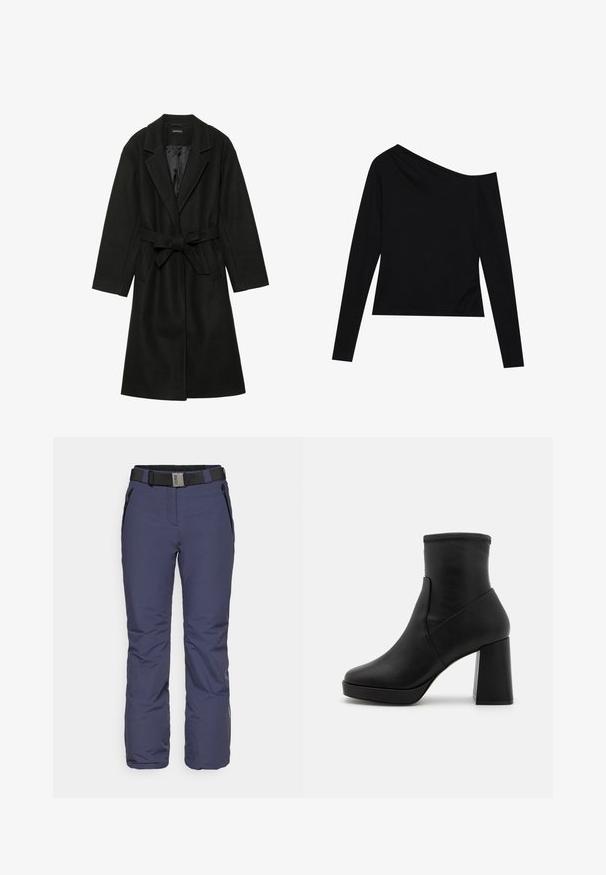 Even&Odd BELTED COAT - Klasični plašč - black; Črni dolg rokav top z asimetričnim izrezom in oprijetim krojem iz mehke in gladke tkanine. Brez vidnih vzorcev ali dodatkov.; Mornarsko modre smučarske hlače z gladko teksturo, elastičnim pasom, sprednjimi žepi na zadrgo in zoženimi hlačnicami za prispodobno prileganje. Vključeno je nastavljivo pasovanje.; Črne usnjene gležnjarje s wysokim blokastim petami, gladko teksturo in prilegajočim zgornjim delom. Imajo brezšiven dizajn brez vidnih zapenjal.