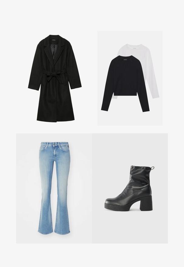 Even&Odd BELTED COAT - Klassinen takki - black; Kaksi pitkähihasta paitaa: yksi musta ja yksi valkoinen. Molemmissa on pyöreä kaula-aukko, raglan-hihat ja pehmeä puuvillasekoitekangas.; Vaaleansiniset levenevät farkut haalistuneessa denimiessä, joissa on viisi taskua, vetskari ja vyölenkit. Kangas on sileä ja hieman teksturoitu.; Mustat nilkkurit, jotka on valmistettu sileästä nahasta. Niissä on sivuvetoketju, paksu teksturoitu korko ja pyöristetty kärki.