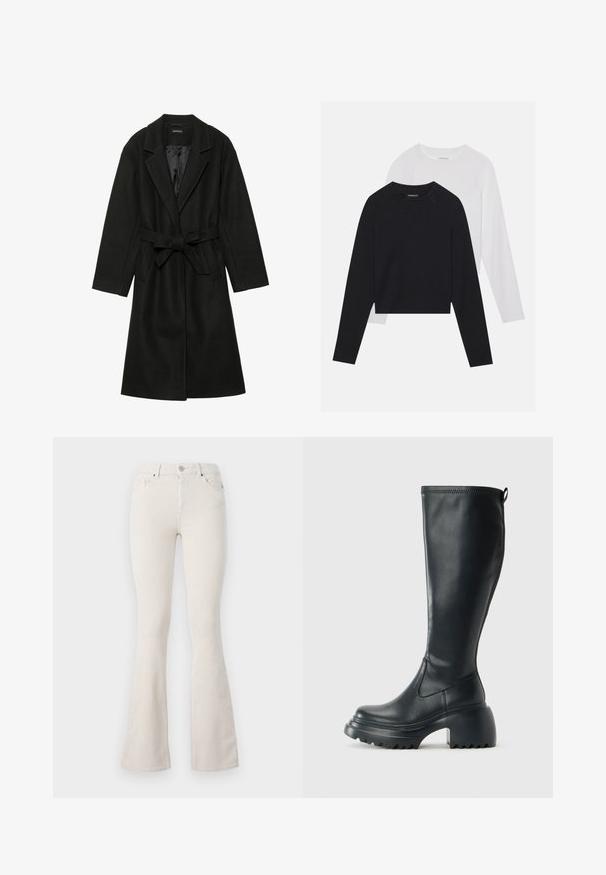 Even&Odd BELTED COAT - Κλασικό παλτό - black; Δύο μακρυμάνικες μπλούζες: μία μαύρη και μία λευκή. Και οι δύο διαθέτουν στρογγυλή λαιμόκοψη, ράγκελαν μανίκια και απαλή σύνθεση από βαμβάκι.; Μπεζ καπρίνες φαρδιές παντελόνες με ψηλή μέση, που διαθέτουν μεταλλικό κλείσιμο, θηλιές ζώνης και ορατή ραβδωτή υφή σε όλη την επιφάνεια.; Ψηλή μαύρη δερμάτινη μπότες με χοντρή πλατφόρμα και τετράγωνη τακούνι, διαθέτει λαβή και υφασμάτινη επιφάνεια στην εξωτερική σόλα.