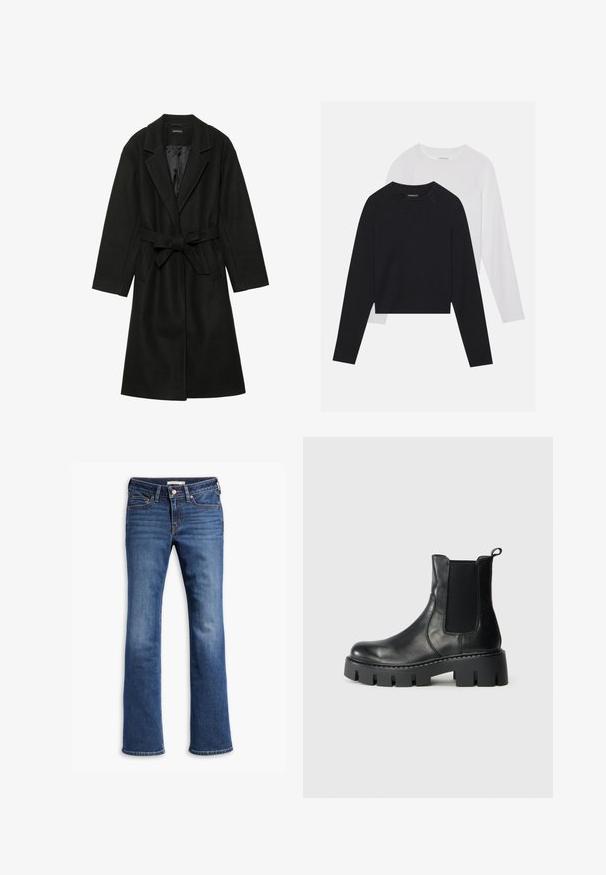 Even&Odd BELTED COAT - Klassisk kåpe / frakk - black; To lange ermerte skjorter: en svart og en hvit. Begge har rund hals, raglanermer og er laget av en myk bomullsblanding.; Blå denimjeans med høy midje, fem-lomme-design og lett utsvingte ben lagt flatt på en hvit bakgrunn.; Sorte lær ankelsko med elastiske sidepaneler, tykk såle med spor og pull-tab på lys grå bakgrunn, sidevisning.