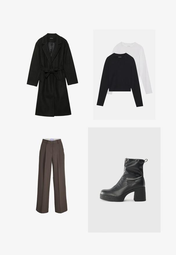 Even&Odd BELTED COAT - Klassisk kappa / rock - black; Två långärmade skjortor: en svart och en vit. Båda har rund halsringning, raglanärmar och är tillverkade av en mjuk bomullsblandning.; Breda byxor i brunt tyg, med hög midja, framfickor och en slätt textur. Har bälteshällor för extra detalj.; Svarta ankelstövlar i slitstark läder, med sidodragkedja, kraftig strukturerad klack och rundad tådesign.