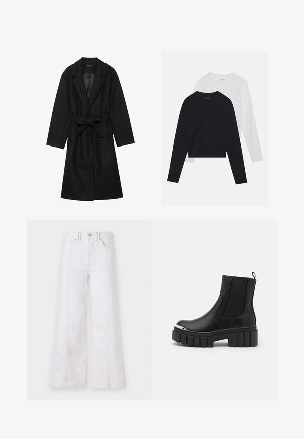 Even&Odd BELTED COAT - Klasický kabát - black; Dvoje tričiek s dlhým rukávom: jedno čierne a jedno biele. Obe majú okrúhly výstrih, raglánové rukávy a mäkkú zmes bavlny.; Biele džínsy s širokými nohavicami vyrobené z denimu, s viditeľným šitím, zapínaním na gombík a prednými vreckami. Tkanina má minimálnu textúru.; Čierne členkové čižmy vyrobené z hladkej kože s elastickými panelmi, hrubou platformovou podrážkou a kovovou špičkou.