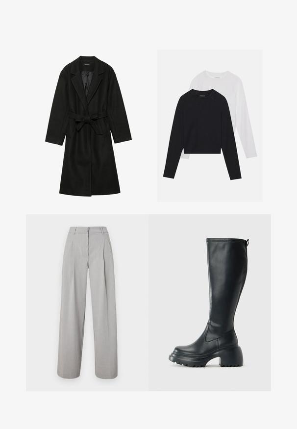 Even&Odd BELTED COAT - Cappotto classico - black; Due camicie a maniche lunghe: una nera e una bianca. Entrambe presentano un col a girocollo, maniche raglan e un morbido tessuto in misto cotone.; Pantaloni larghi grigio chiaro con pieghe, vita con bottoni e una texture di tessuto liscia. Gambe a taglio dritto che si restringono leggermente all'orlo.; Stivale lungo in pelle nera con suola piatta robusta e tacco a blocco, dotato di linguetta e battistrada testurizzato sulla suola.