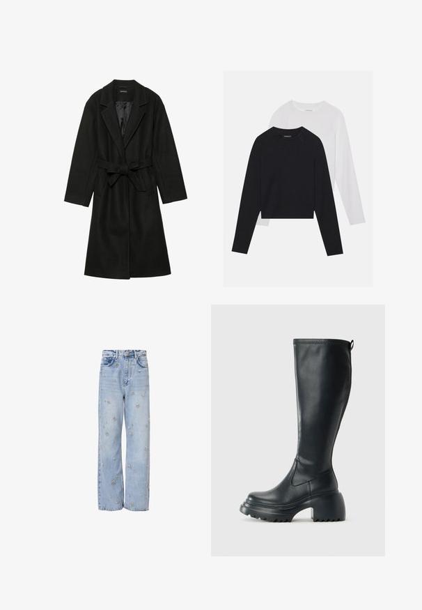 Even&Odd BELTED COAT - Klasikinis paltas - black; Du dušo ilgomis rankovėmis marškiniai: vieni juodi, kiti balti. Abu marškiniai turi apvalų iškirpimą, raglan tipo rankoves ir minkštą medvilnės mišinio audinį.; Šviesiai mėlynos džinsinės kelnės su laisvu siluetu, puoštos sidabriniais gėlių siuvinėjimais visame paviršiuje ir standartiniu penkių kišenių dizainu.; Ilgas juodos odinės batai su masyvi platforma ir stačiakampiu kulnu, turintys traukimo kilpą ir tekstūruotą pado raštą.