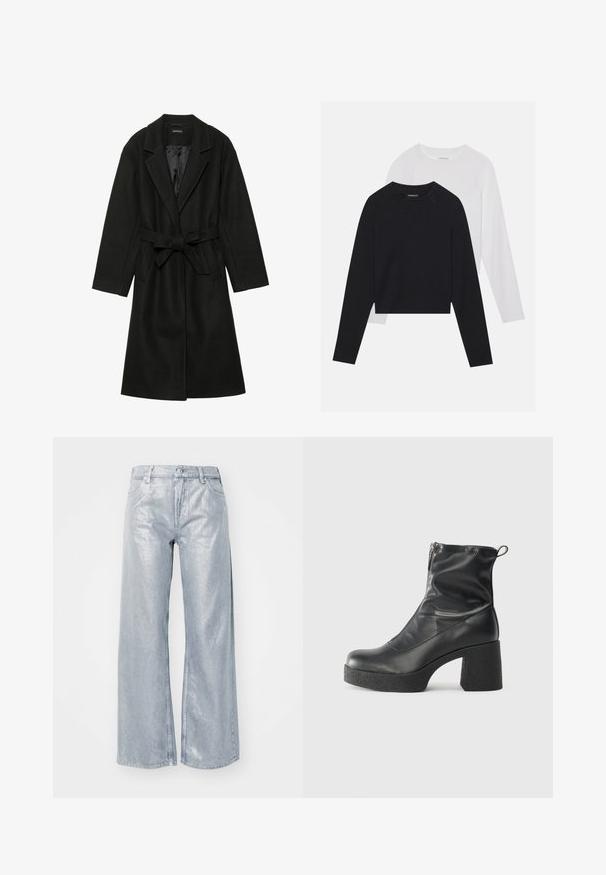 Even&Odd BELTED COAT - Κλασικό παλτό - black; Δύο μακρυμάνικες μπλούζες: μία μαύρη και μία λευκή. Και οι δύο διαθέτουν στρογγυλή λαιμόκοψη, ράγκελαν μανίκια και απαλή σύνθεση από βαμβάκι.; Λαμπερά ασημένια παντελόνια σε φαρδιά γραμμή με ψηλή μέση, πέντε τσέπες και κλείσιμο με φερμουάρ. Ο ιστός έχει λεία, μεταλλική υφή.; Μαύρες μποτές μέχρι τον αστράγαλο από λείο δέρμα, με πλευρικό φερμουάρ, χοντρό υφασμάτινο τακούνι και στρογγυλή μύτη.