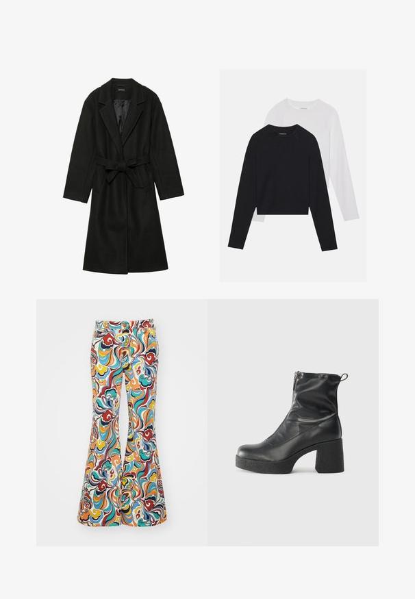 Even&Odd BELTED COAT - Klasický kabát - black; Dvě dlouhé rukávy: jedno černé a jedno bílé. Obě mají kulatý výstřih, raglánové rukávy a měkkou bavlněnou směs.; Rozšířené kalhoty vyrobené z látky s barevným spirálovým vzorem v červených, modrých, oranžových a žlutých tónech, s páskem na knoflík.; Černé kotníkové boty vyrobené z hladké kůže, s bočním zipem, robustním strukturovaným podpatkem a kulatou špičkou.