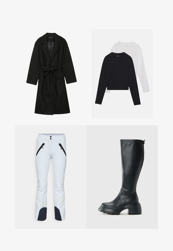 Even&Odd BELTED COAT - Klasszikus kabát - black; Két hosszúujjú póló: az egyik fekete, a másik fehér. Mindkettő kerek nyakú, raglán ujjal és puha pamutkeverék anyaggal készült.; Világoskék sínadrág, tartós anyagból készült, két fekete cipzáras zsebbel, megerősített fekete bokarészekkel és gombos záródással.; Magas fekete bőrcipő, vastag platform talppal és blokk sarokkal, húzófüllel és texturált profillal az outsole-on.