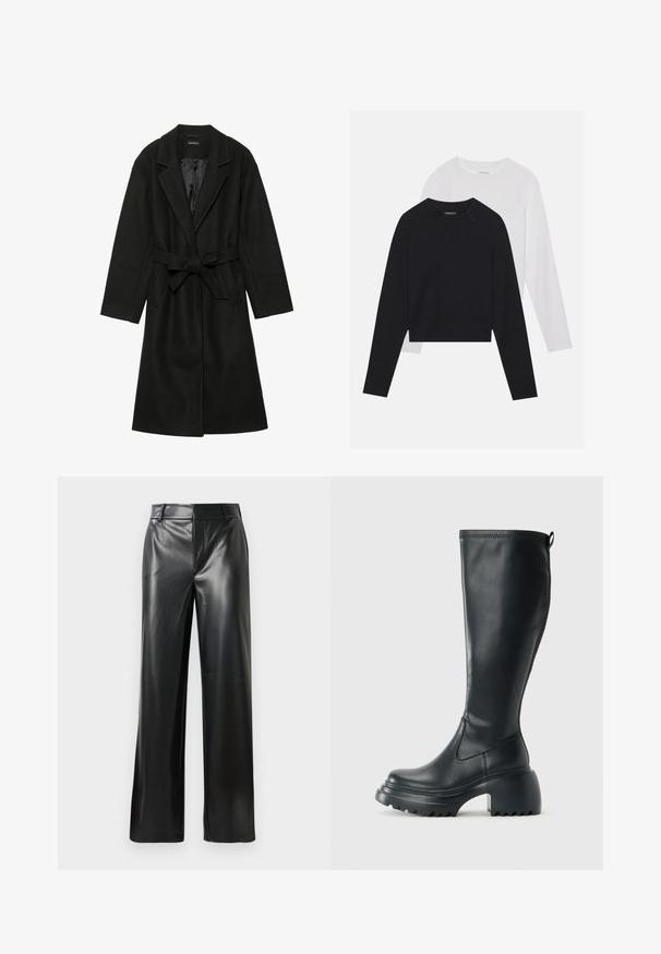 Even&Odd BELTED COAT - Klassisk kåpe / frakk - black; To lange ermerte skjorter: en svart og en hvit. Begge har rund hals, raglanermer og er laget av en myk bomullsblanding.; Sorte skinnbuksar med breie ben og glatt tekstur, med middels høy midje og diskrete frontfolder.; Høy svart lærstøvel med chunky plattformsåle og blokkhelt, med trekkstang og teksturert mønster på yttersålen.