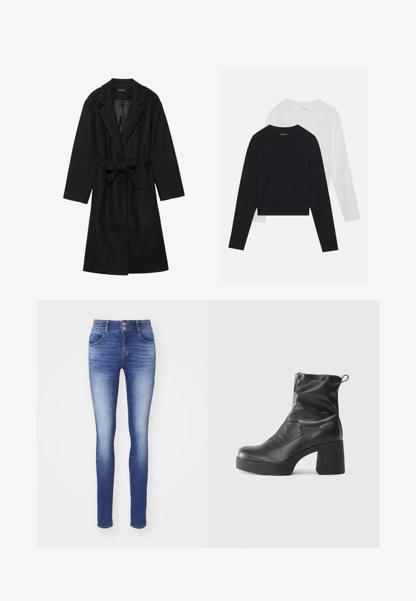 Even&Odd BELTED COAT - Κλασικό παλτό - black; Δύο μακρυμάνικες μπλούζες: μία μαύρη και μία λευκή. Και οι δύο διαθέτουν στρογγυλή λαιμόκοψη, ράγκελαν μανίκια και απαλή σύνθεση από βαμβάκι.; Λεπτά τζιν σε σκούρο μπλε τζην με ξεθωριασμένο φινίρισμα. Διαθέτει δύο μπροστινές τσέπες, ψηλή μέση και διπλό κούμπωμα.; Μαύρες μποτές μέχρι τον αστράγαλο από λείο δέρμα, με πλευρικό φερμουάρ, χοντρό υφασμάτινο τακούνι και στρογγυλή μύτη.