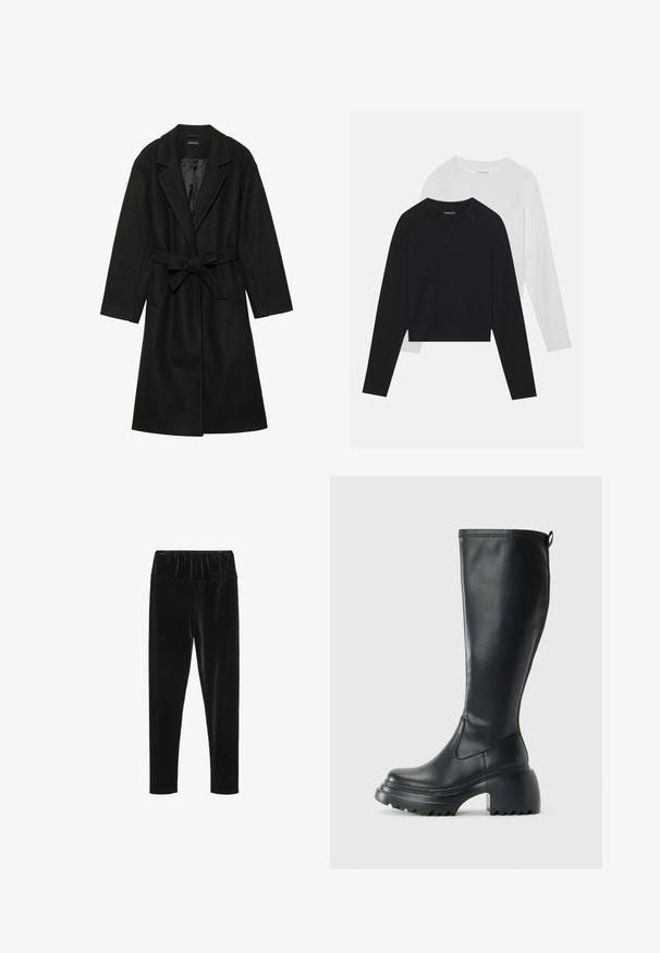 Even&Odd BELTED COAT - Klasikinis paltas - black; Du dušo ilgomis rankovėmis marškiniai: vieni juodi, kiti balti. Abu marškiniai turi apvalų iškirpimą, raglan tipo rankoves ir minkštą medvilnės mišinio audinį.; Juodos velūro legginsai su elastingu juosmeniu ir lygia, blizgia tekstūra. Siauras kirpimas su siaurėjančiomis kojos detalėmis.; Ilgas juodos odinės batai su masyvi platforma ir stačiakampiu kulnu, turintys traukimo kilpą ir tekstūruotą pado raštą.