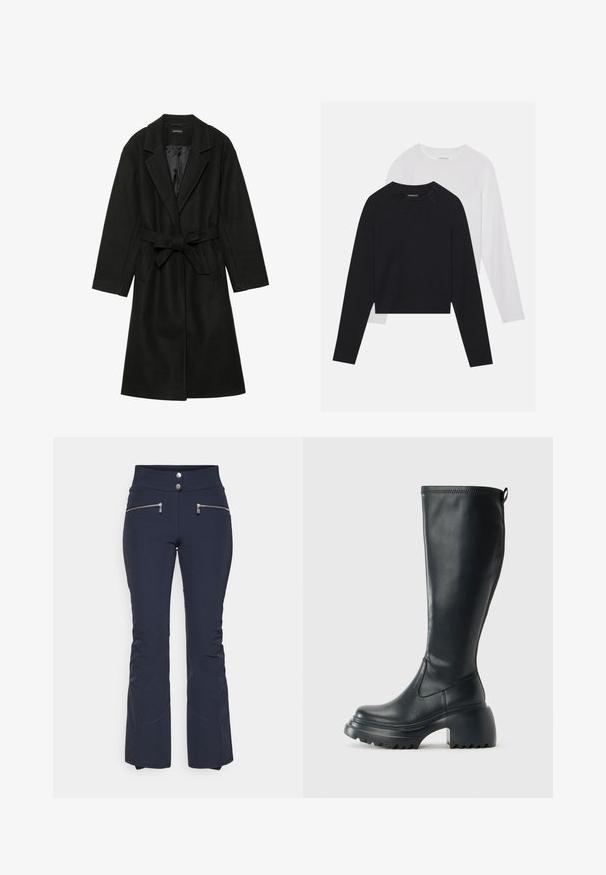 Even&Odd BELTED COAT - Klasszikus kabát - black; Két hosszúujjú póló: az egyik fekete, a másik fehér. Mindkettő kerek nyakú, raglán ujjal és puha pamutkeverék anyaggal készült.; Toni Sailer ALLA - Sínadrág - black; Magas fekete bőrcipő, vastag platform talppal és blokk sarokkal, húzófüllel és texturált profillal az outsole-on.