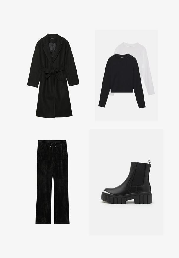 Even&Odd - Klasyczny płaszcz; Dwie koszule z długim rękawem: jedna czarna, a druga biała. Obie mają okrągły dekolt, rękawy raglanowe i miękką bawełnianą tkaninę.; Czarne spodnie z weluru o miękkiej fakturze, o szerokim kroju nogawek, z elastycznym pasem, związywaniem oraz dwoma przednimi kieszeniami.; Czarne botki za kostkę wykonane z gładkiej skóry, z elastycznymi panelami, grubą podeszwą platformową i metaliczną czubkiem.