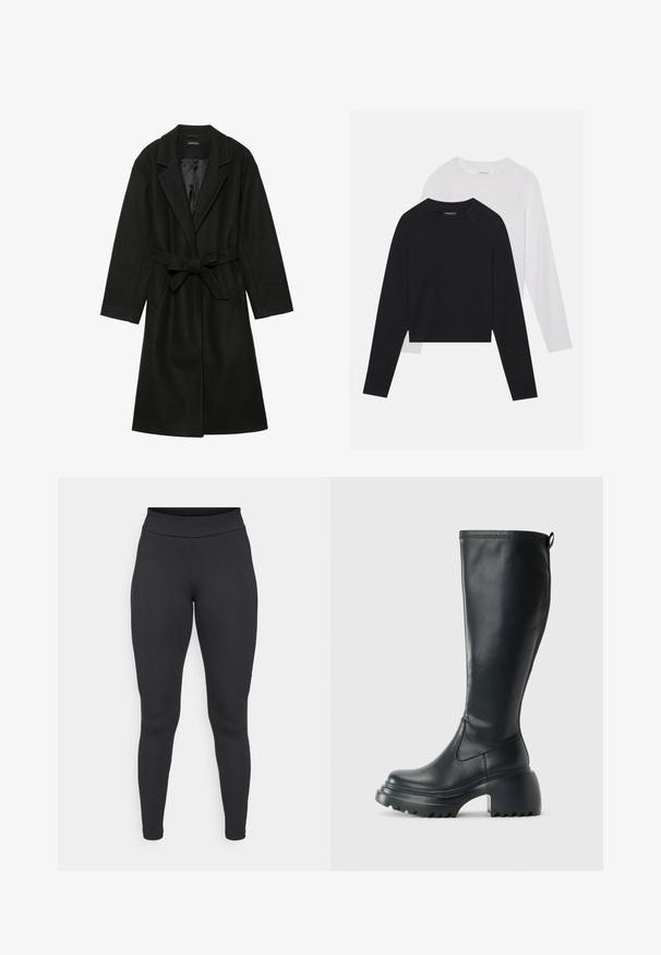Even&Odd BELTED COAT - Classic coat - black; Two long-sleeved shirts: one black and one white. Both feature a crew neck, raglan sleeves, and a soft cotton blend fabric.; Black leggings made of stretchy fabric, featuring a high waistband, fitted shape, and smooth texture with no visible patterns or accents.; Tall black leather boot with chunky platform sole and block heel, featuring pull tab and textured tread on outsole.