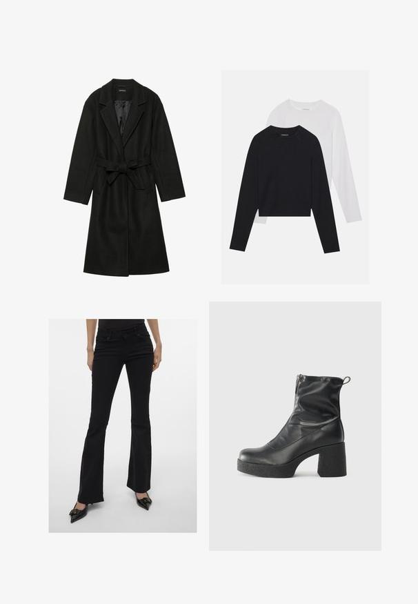 Even&Odd BELTED COAT - Klasični plašč - black; Dve dolge majice z dolgimi rokavi: ena črna in ena bela. Obe imata okroglo ovratnico, raglan rokave in mehko mešanico bombaža.; Črne proširjene kavbojke s slim fit krojem, petimi žepi in diskretnim šivanjem. Narejene so iz denima in imajo pas srednje višine.; Črne gležnjarje iz gladke kože z božnim zadrgo, masivnim teksturiranim peto in zaobljeno obliko prstov.