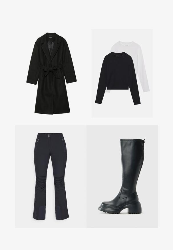 Even&Odd BELTED COAT - Klasszikus kabát - black; Két hosszúujjú póló: az egyik fekete, a másik fehér. Mindkettő kerek nyakú, raglán ujjal és puha pamutkeverék anyaggal készült.; Fekete sínadrág, rugalmas anyagból, testhezálló kialakítással, bordázott térdbetétekkel és cipzáras oldalzsebekkel. Lapostokkal és két gombbal készül.; Magas fekete bőrcipő, vastag platform talppal és blokk sarokkal, húzófüllel és texturált profillal az outsole-on.