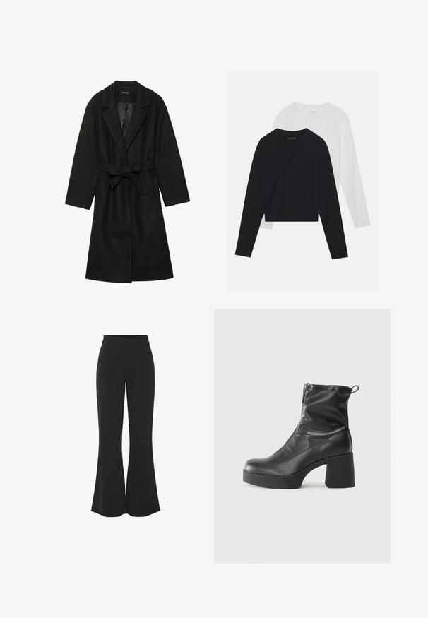Even&Odd BELTED COAT - Casaco clássico - black; Duas camisas de manga longa: uma preta e uma branca. Ambas apresentam um decote redondo, mangas raglan e um tecido macio em mistura de algodão.; Calças flare pretas feitas de um tecido suave, com cintura ajustada, bolsos laterais e uma pregadeira frontal limpa para uma aparência bem ajustada.; Botas de tornozelo pretas feitas de couro liso, com fecho lateral, salto grosso texturizado e design de bico arredondado.